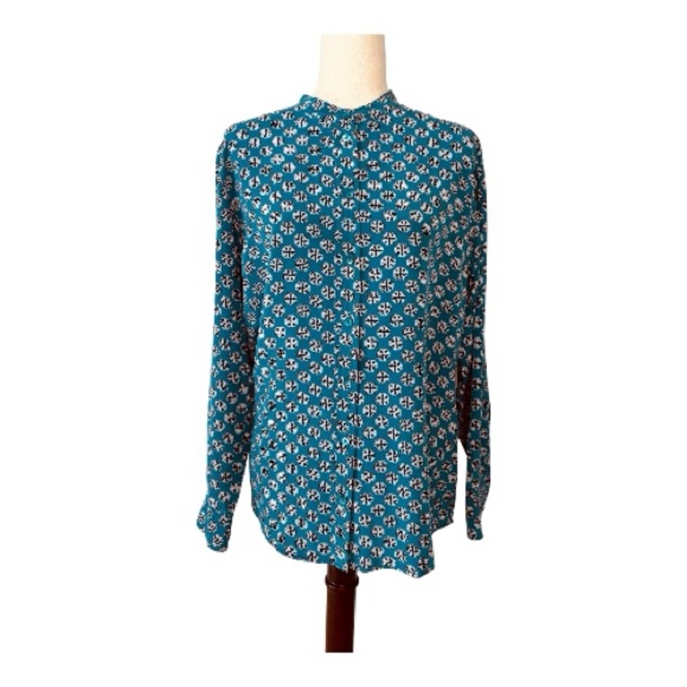 Equipment Femme Silk Teal Geometric Print Long-Sleeve Blouse Size Medium - Picture 3 of 8